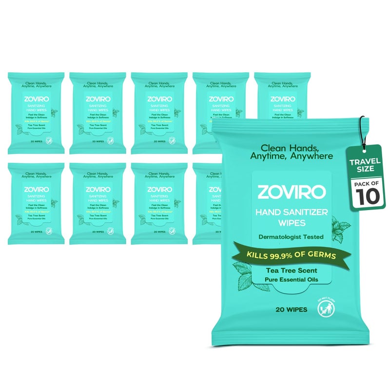 Zoviro Hand Sanitizer Wipes Moisturizing With Tea Tree Essential Oil UltraSoft 100 Viscose Hand Wipes Travel Size Tea Tree Scent 20 Count Pack of 10